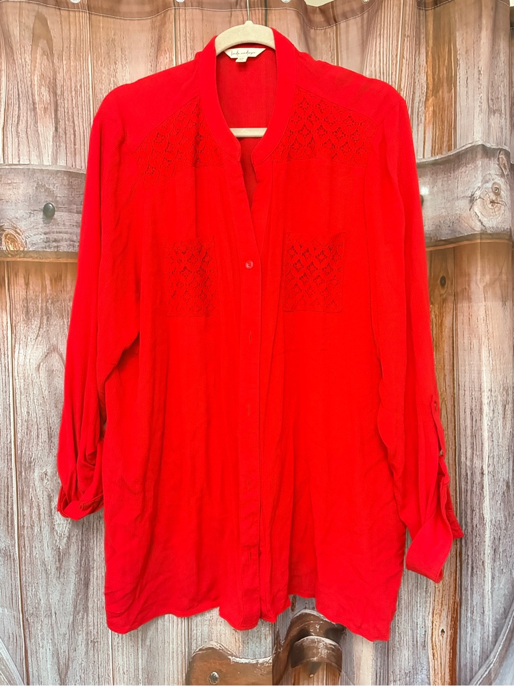 NEW  Red Classy Shirtail Blouse-embroidered pockets